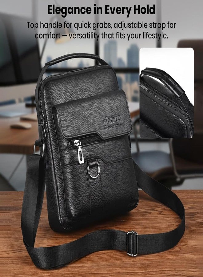 TECPHILE D507 PU Leather Side Sling Bag with Adjustable Strap, 1 Main Compartment, 2 Front Quick-Access Pockets & Anti-Theft Back Pocket - Compact Crossbody Bag with Top Handle (Black) - Image 5